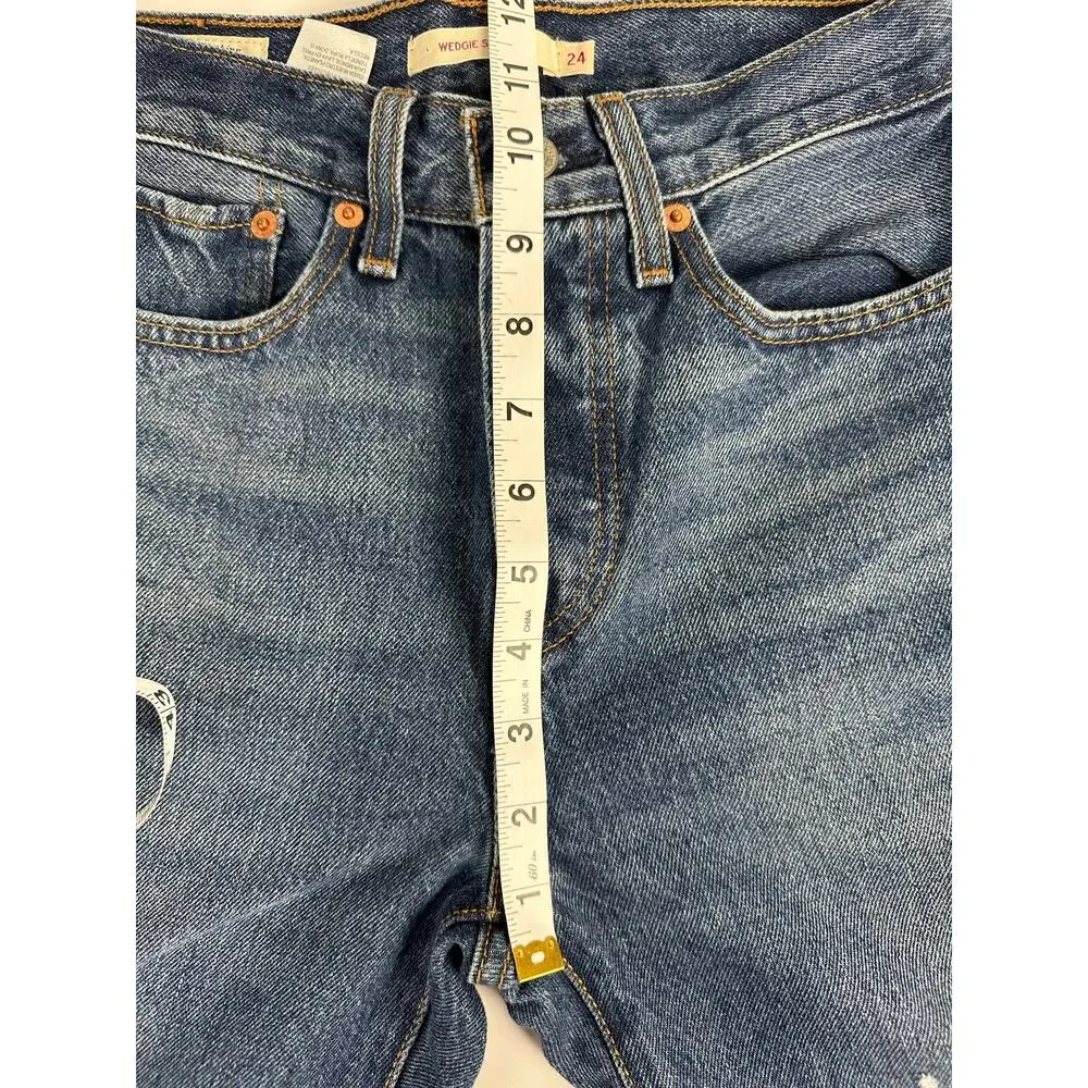 Levi's Wedgie Straight Ankle Jeans 24x28 Distressed Medium Indigo Raw Hem High - Picture 10 of 13